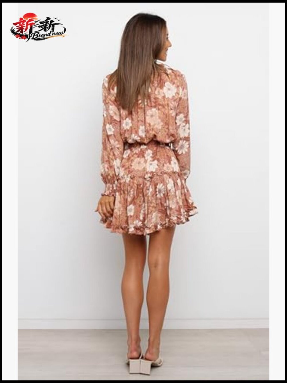 A-Line Mini Dress with Ruffle Neckline and Long Sleeves - Picture 4 of 6